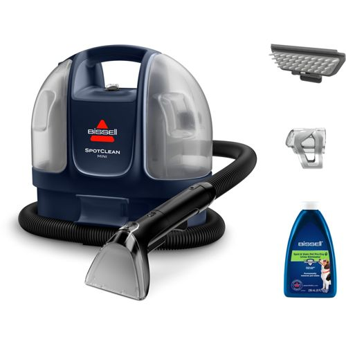 Dunkelblauer Bissel SpotClean Mini Teppichreiniger mit Schlauch, Düse und Reinigungslösung.
