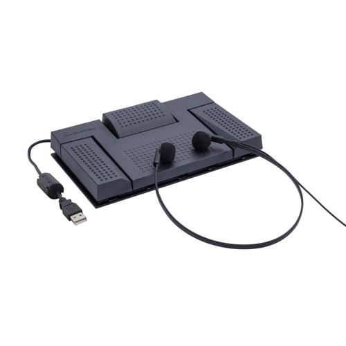 Ein graues elektronisches Gerät mit USB-Kabel und Ohrhörern auf weißem Grund.