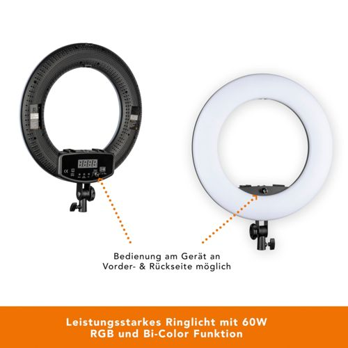 Ein Ringlicht mit 60W RGB und Bi-Color Funktion, Vorder- und Rückseite bedienbar.
