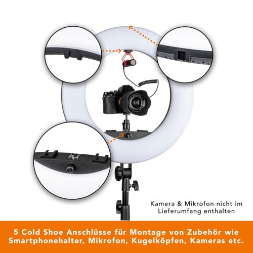 Ringlicht mit Kamera und Mikrofon. 5 Cold Shoe Anschlüsse für Zubehör.