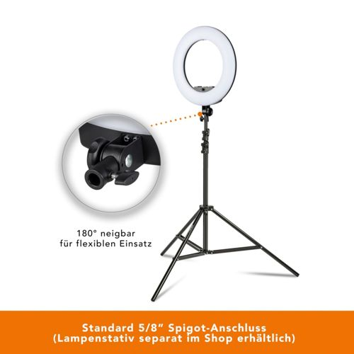 Ringlicht auf einem Stativ mit 180° neigbarem Gelenk und Standard 5/8 Zoll Spigot-Anschluss.