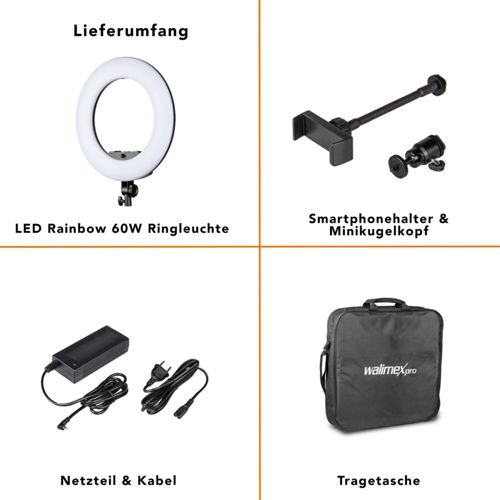 Vier Artikel: LED-Ringlicht, Smartphone-Halterung, Netzteil mit Kabel und Tragetasche.