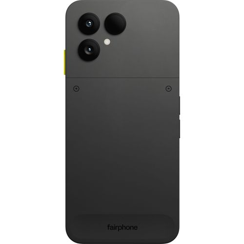 Rückseite eines schwarzen Fairphone mit zwei Kameras und gelbem Schalter.