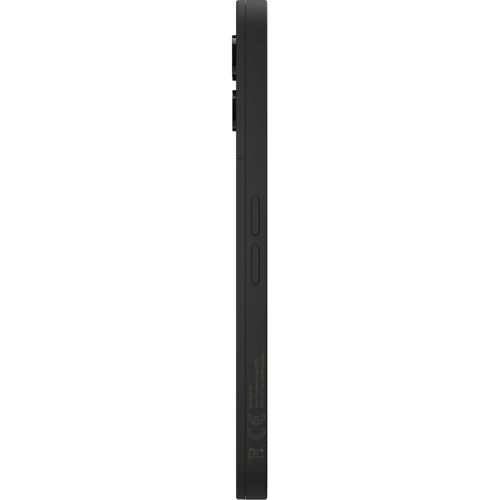 Schwarzes Smartphone im Profil auf weißem Hintergrund mit Kamera und Tasten.