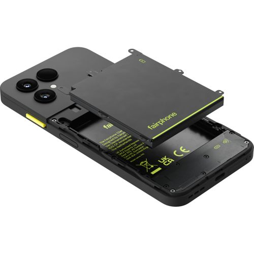 Ein schwarzes Fairphone mit offenem Akkufach, das den Akku zeigt.