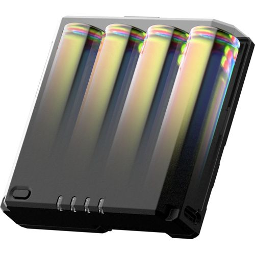 Un dispositivo rettangolare nero con quattro colonne traslucide che emettono luce colorata.