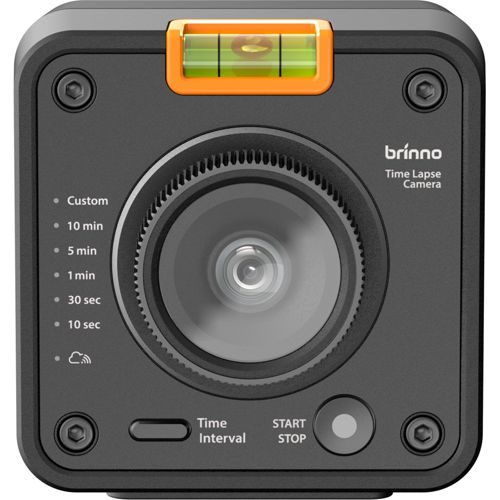 Fotocamera Brinno time lapse con livella, obiettivo, opzioni intervallo tempo e pulsante start/stop.