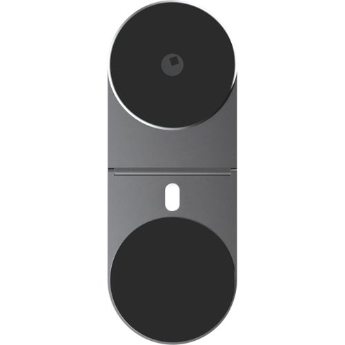 Supporto grigio con due pad rotondi neri, orientato verticalmente.