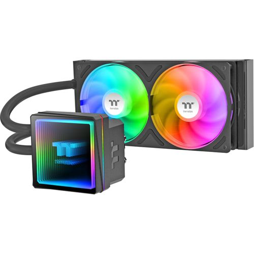 Ein Computer-Wasserkühler mit zwei RGB-Lüftern und einem beleuchteten Pumpenkopf.