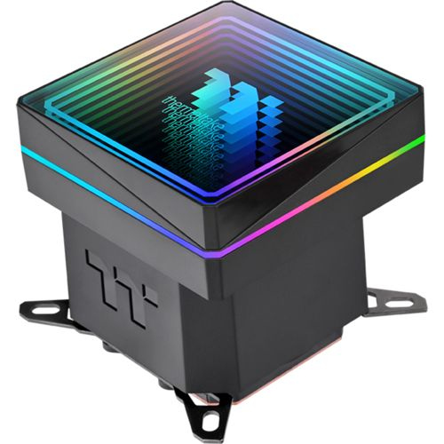 Ein schwarzer CPU-Kühler mit RGB-Beleuchtung und dem Thermaltake-Logo.