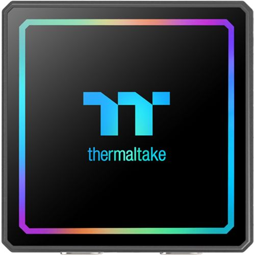 Schwarzes Quadrat mit Thermaltake-Logo und RGB-Beleuchtung.