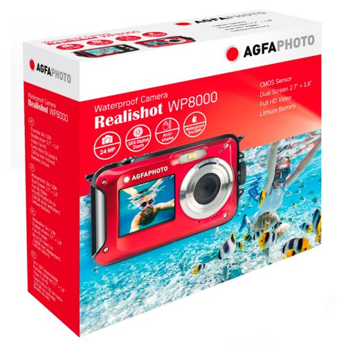 Rote AgfaPhoto Realishot WP8000 wasserdichte Kamerbox. Mit 24MP, 16-fach Zoom, Anti-Shake.