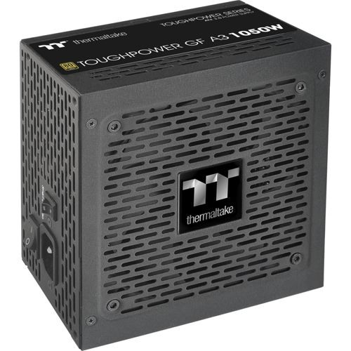 Czarny zasilacz Thermaltake z otworami wentylacyjnymi i logo.