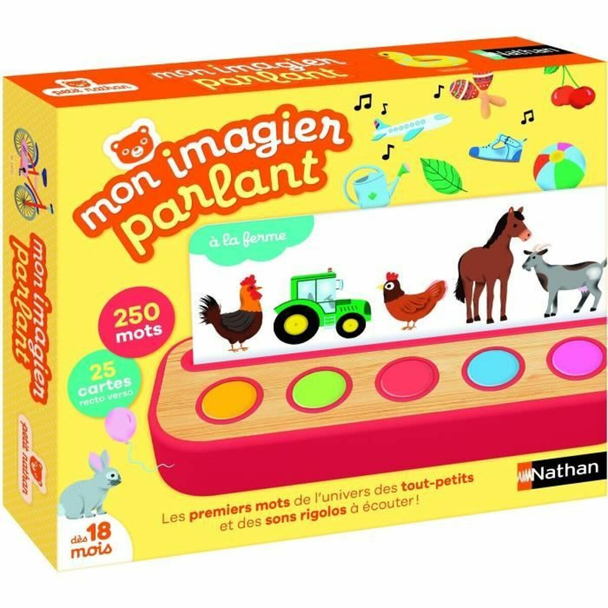 Spielzeugkiste mit Bauernhoftieren, Traktor und bunten Knöpfen.