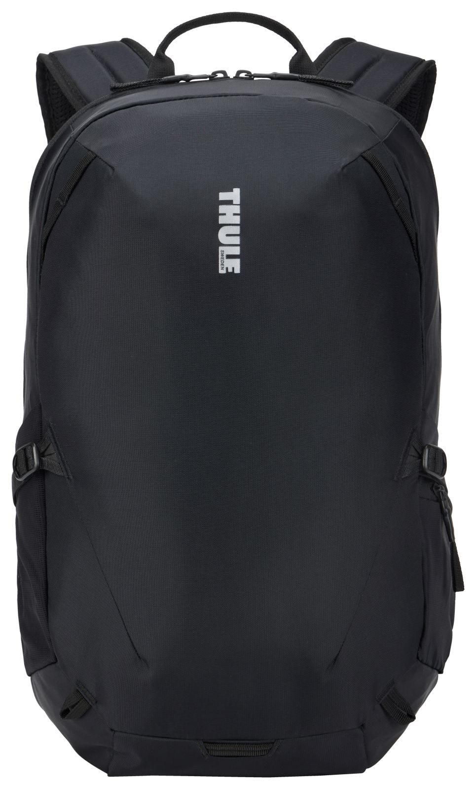 Zaino nero con logo Thule, cinghie regolabili e tasche laterali.