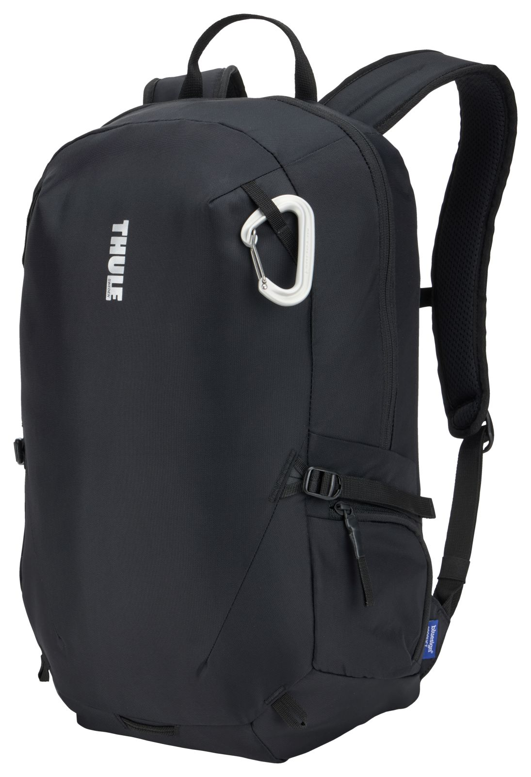 Zaino nero con moschettone bianco e logo Thule.