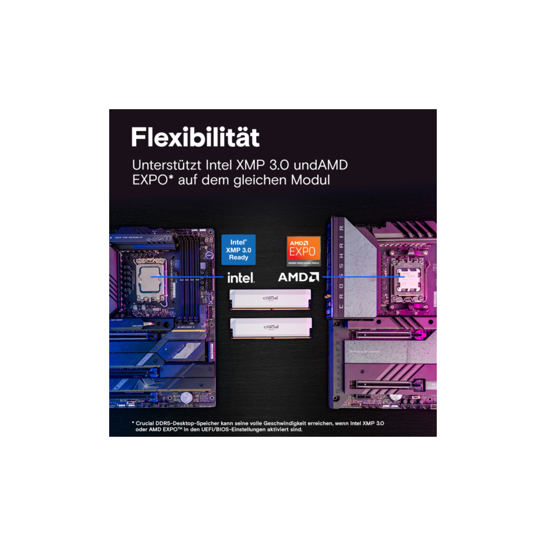 Zwei Motherboards mit Intel und AMD Logos, sowie RAM-Modulen.