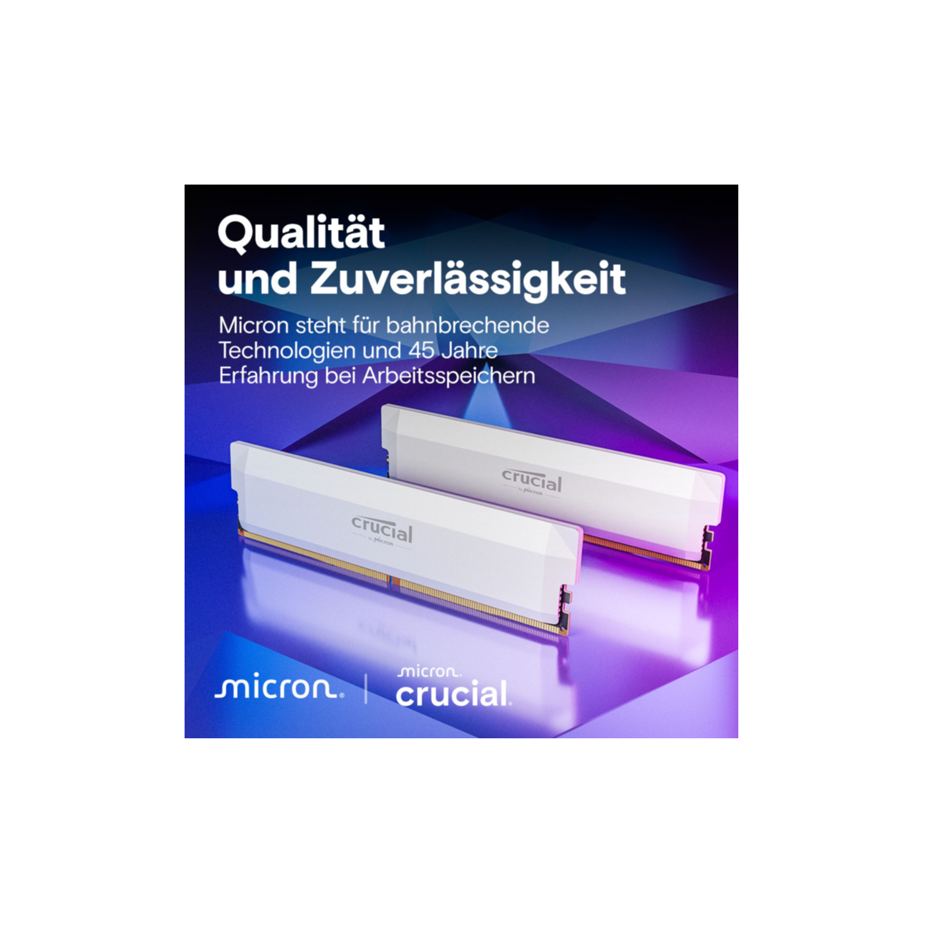 Zwei weiße Crucial RAM-Riegel auf violetter und blauer reflektierender Oberfläche. Deutscher Text.