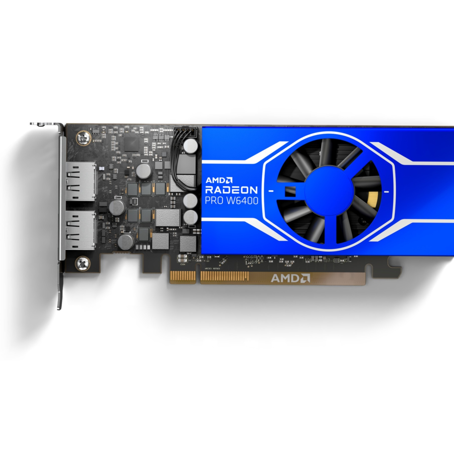 Tarjeta gráfica AMD Radeon PRO W6400 con carcasa de ventilador azul y puertos.