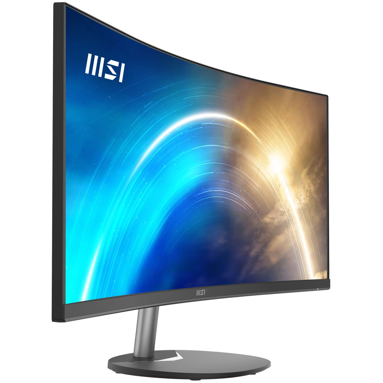 Zakrzywiony monitor MSI z kosmiczną tapetą na srebrnym stojaku.