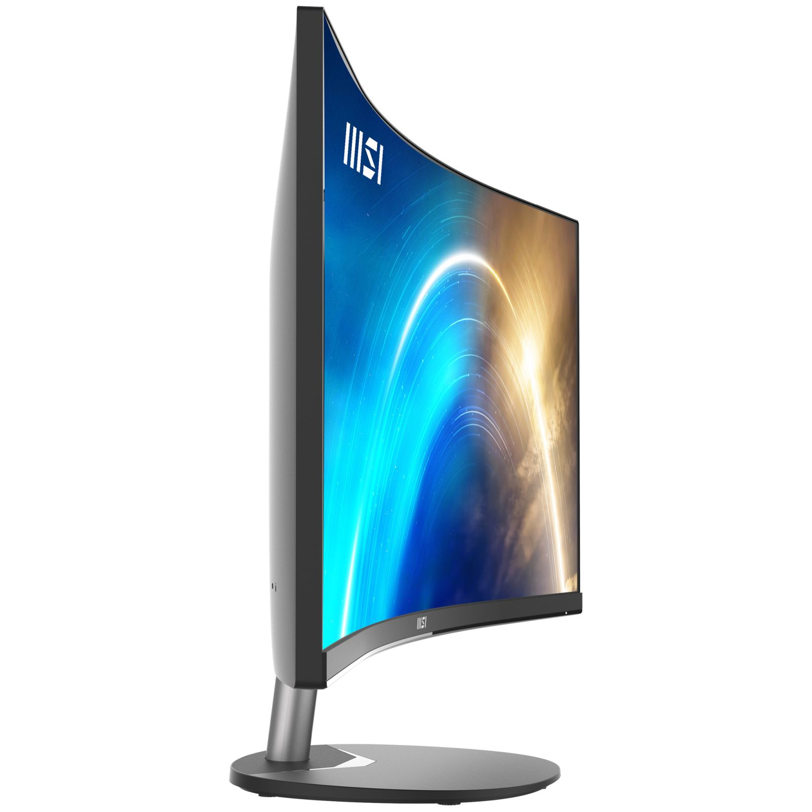 Zakrzywiony monitor MSI z niebiesko-złotą tapetą. Białe linie.