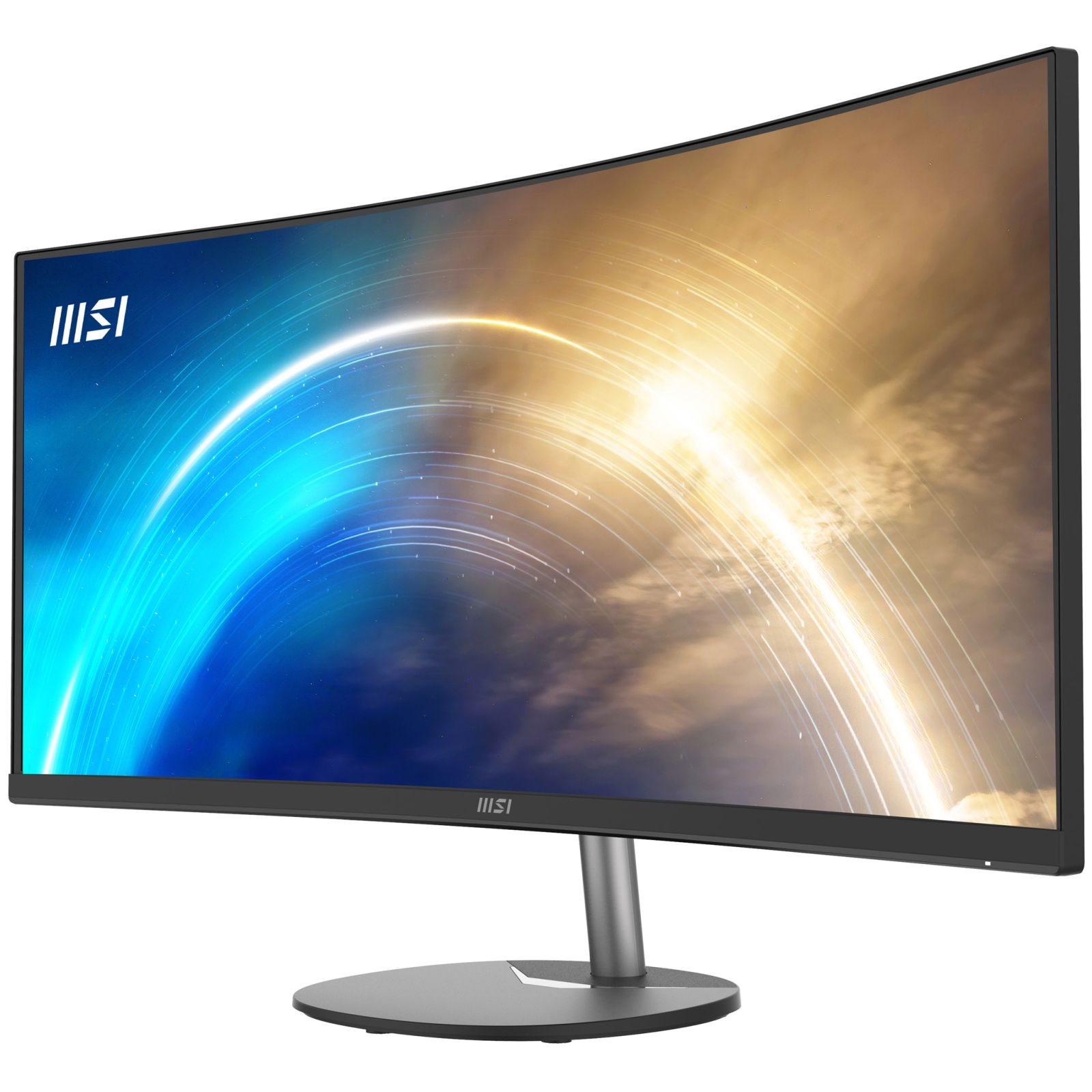 Zakrzywiony monitor MSI z abstrakcyjnym, świecącym niebiesko-złotym tłem.