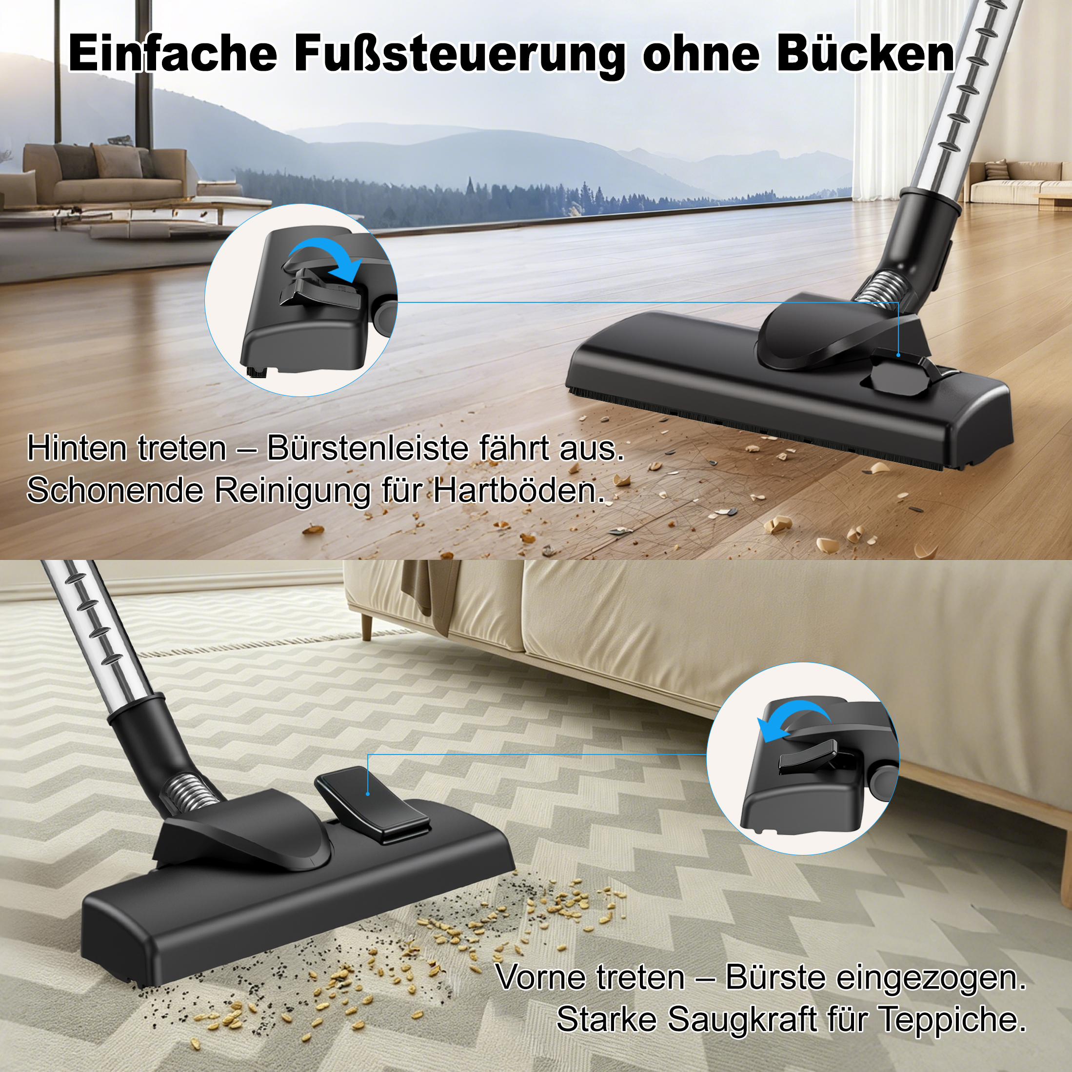 Staubsauger mit Fußsteuerung: Bürste aus für Hartböden, eingezogen für Teppiche.