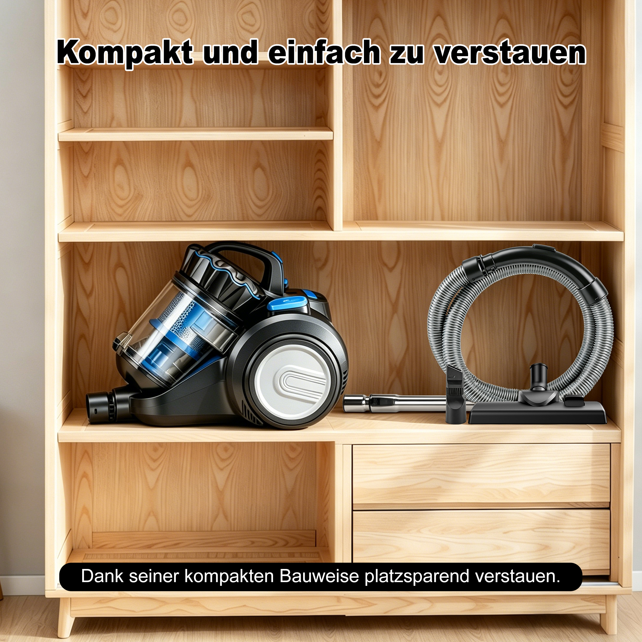 Ein schwarzer und blauer Staubsauger und Schlauch sind ordentlich im Holzregal verstaut.
