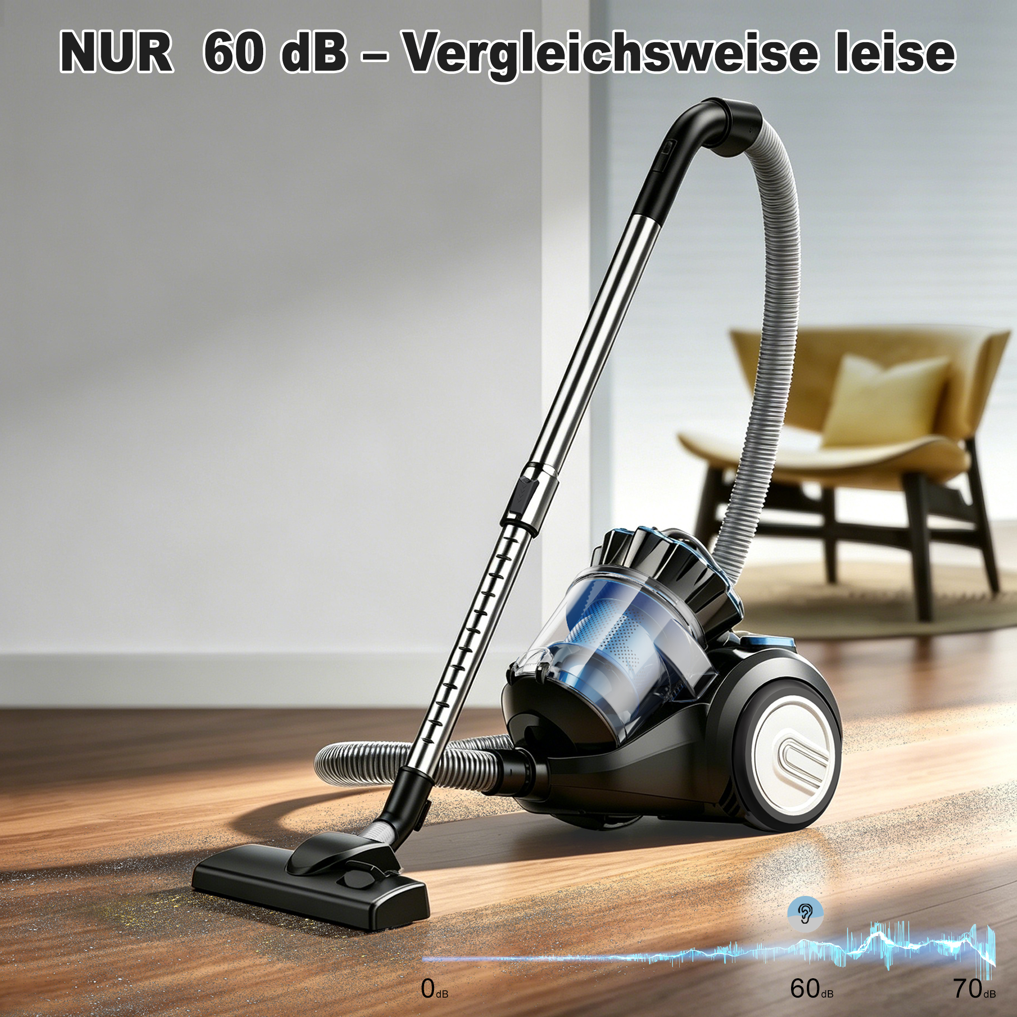 Ein leiser Staubsauger mit einem transparenten Behälter steht auf einem Holzboden.