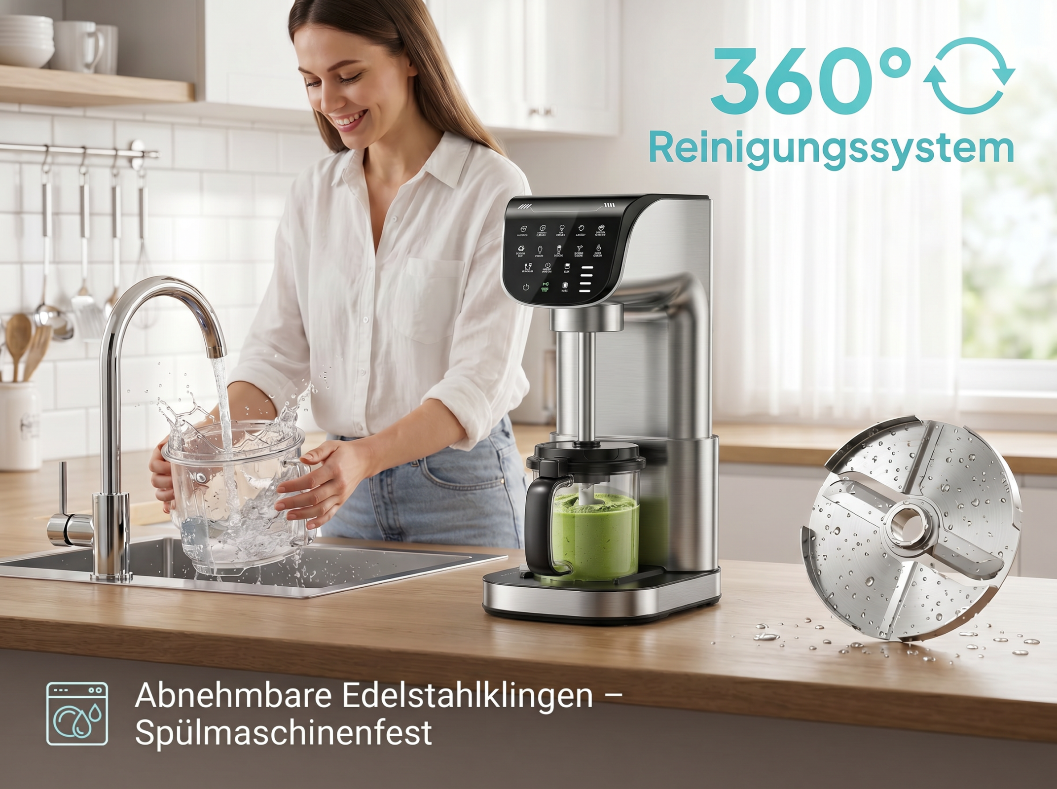 Eine Frau in der Küche spült einen Behälter unter fließendem Wasser. Ein Mixer mit grünem Smoothie steht daneben.