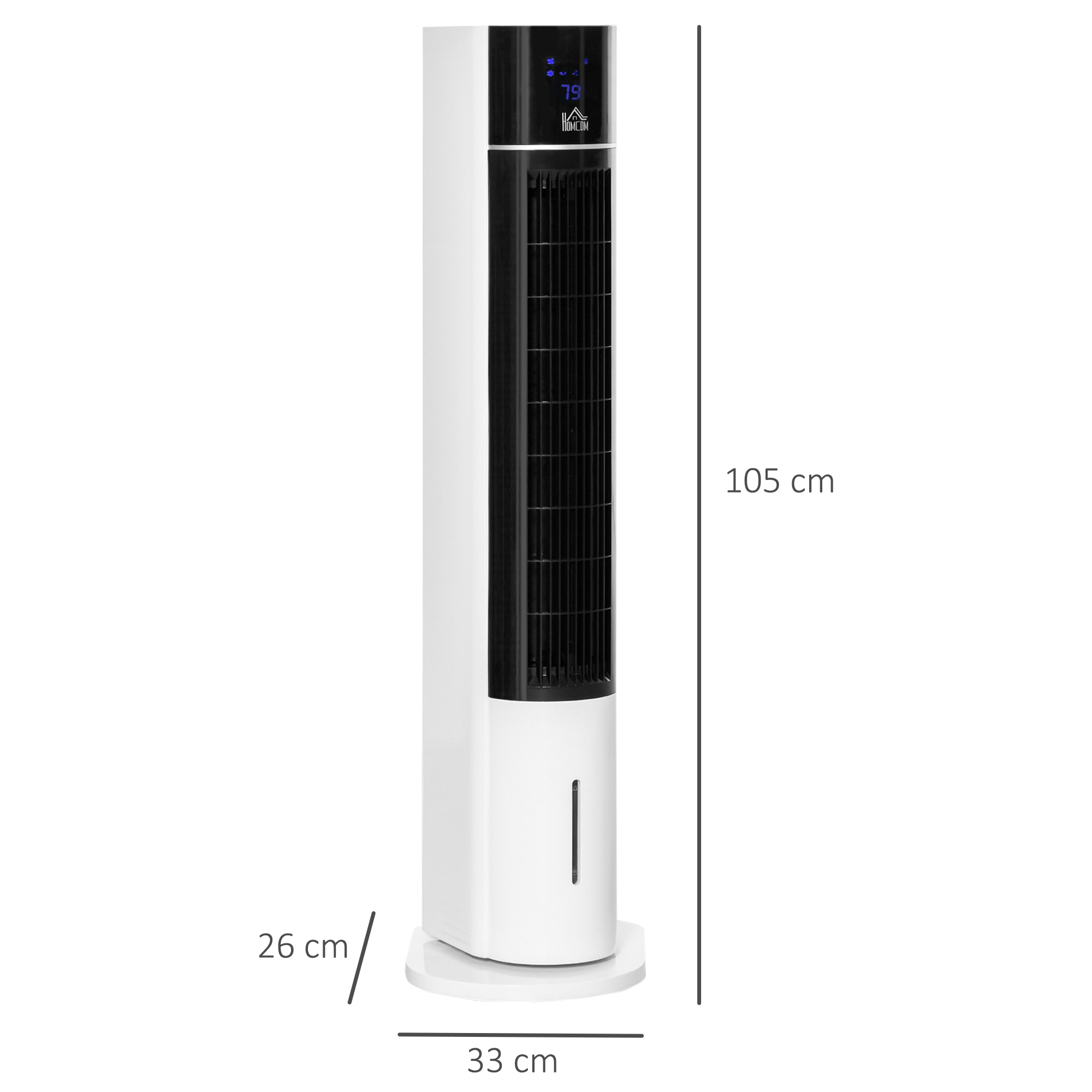 Ventilatore a torre bianco e sottile con frontale nero e display digitale. Dimensioni: 105x26x33 cm.