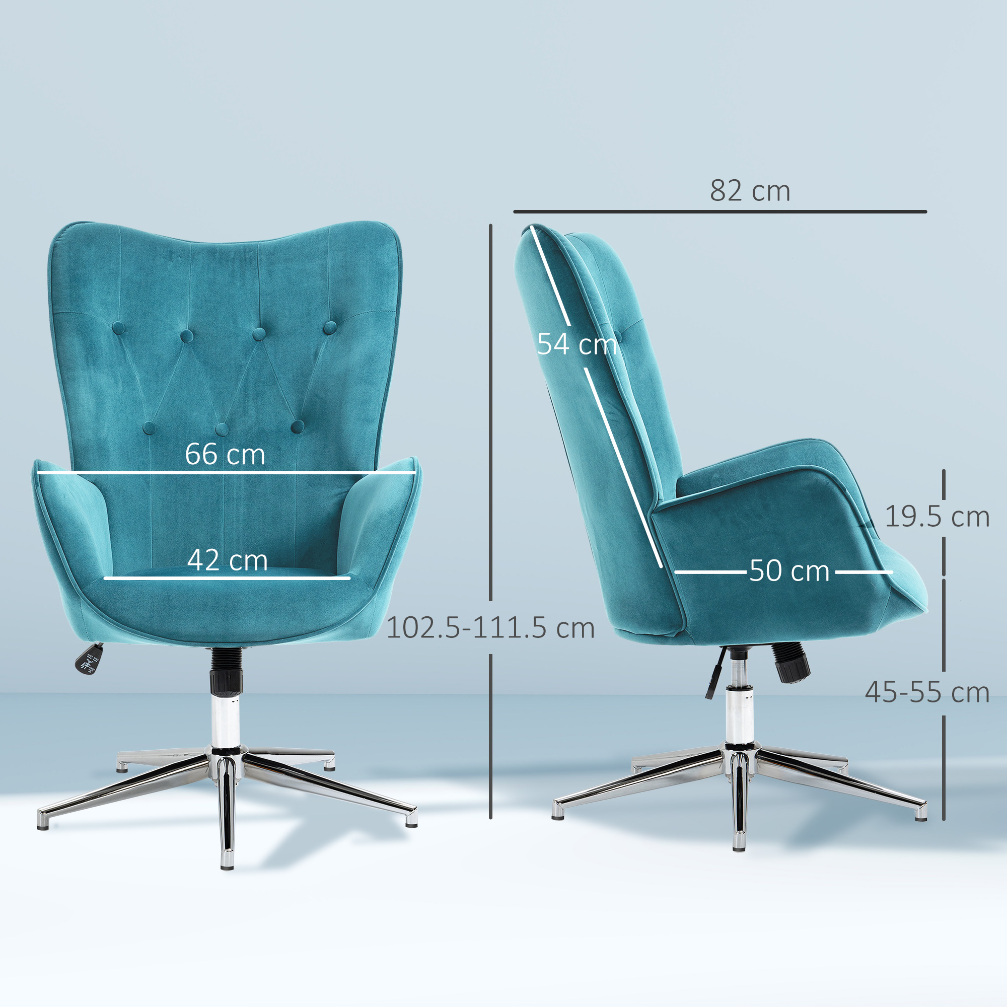 Sedia da ufficio turchese con dimensioni: 82cm larghezza, 54cm altezza, 102.5-111.5cm totale.