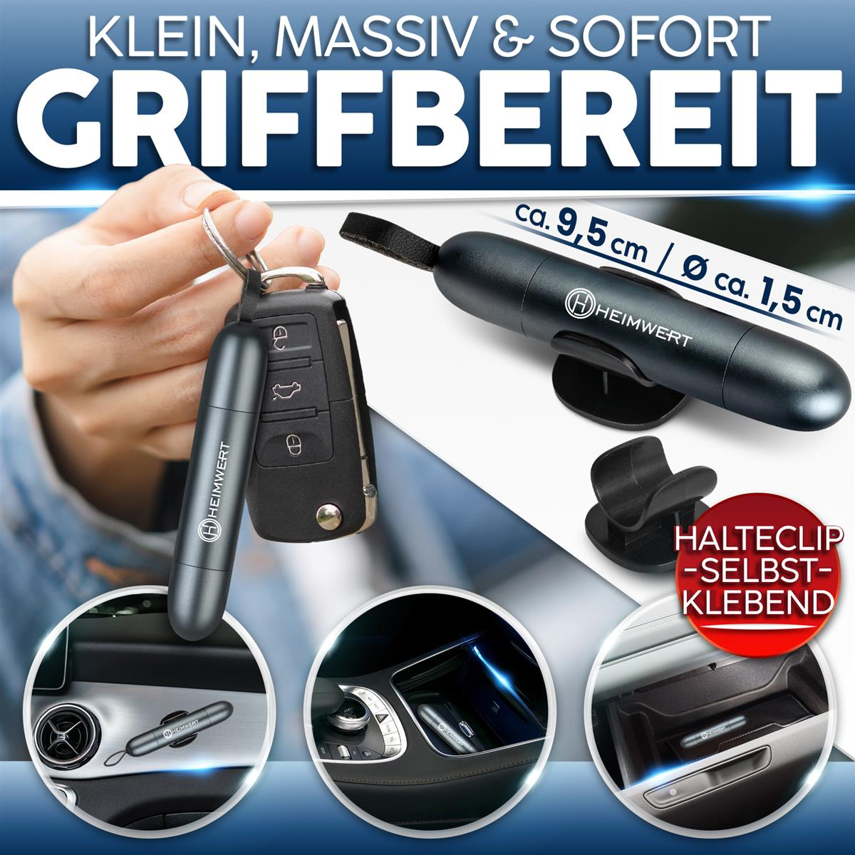 Ein Mann hält Autoschlüssel mit einem kleinen, dunklen Behälter daran.