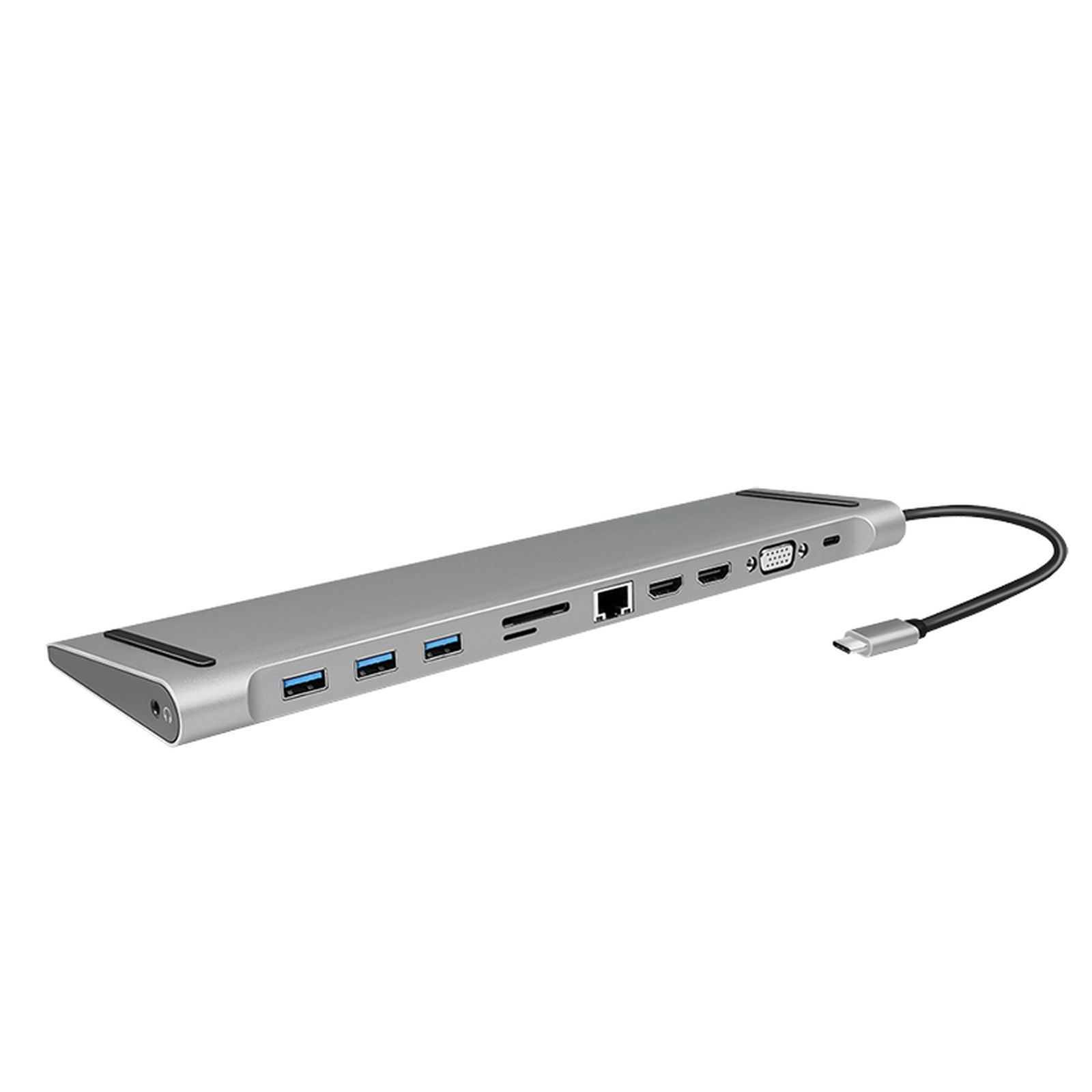 Silberner USB-C-Hub mit mehreren Anschlüssen: USB-A, HDMI, SD-Karte, Ethernet, VGA.