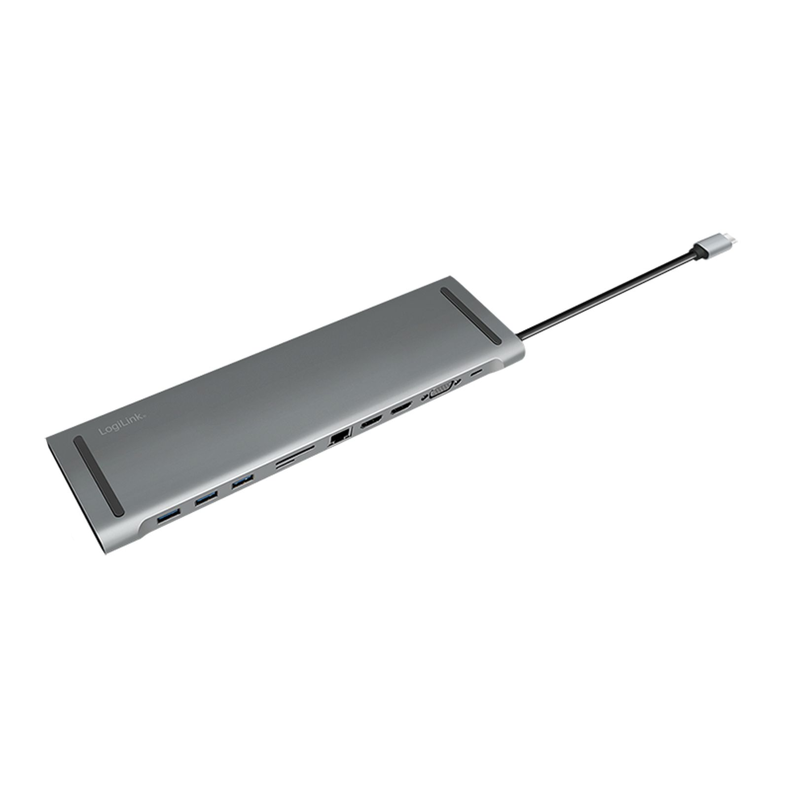 Grauer USB-C-Hub mit Anschlüssen: HDMI, USB-A, Ethernet, SD-Kartenleser.