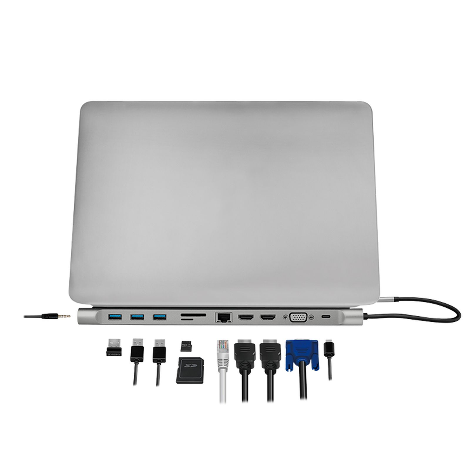 Ein Laptopsockel mit vielen Anschlüssen und verschiedenen Kabeln.