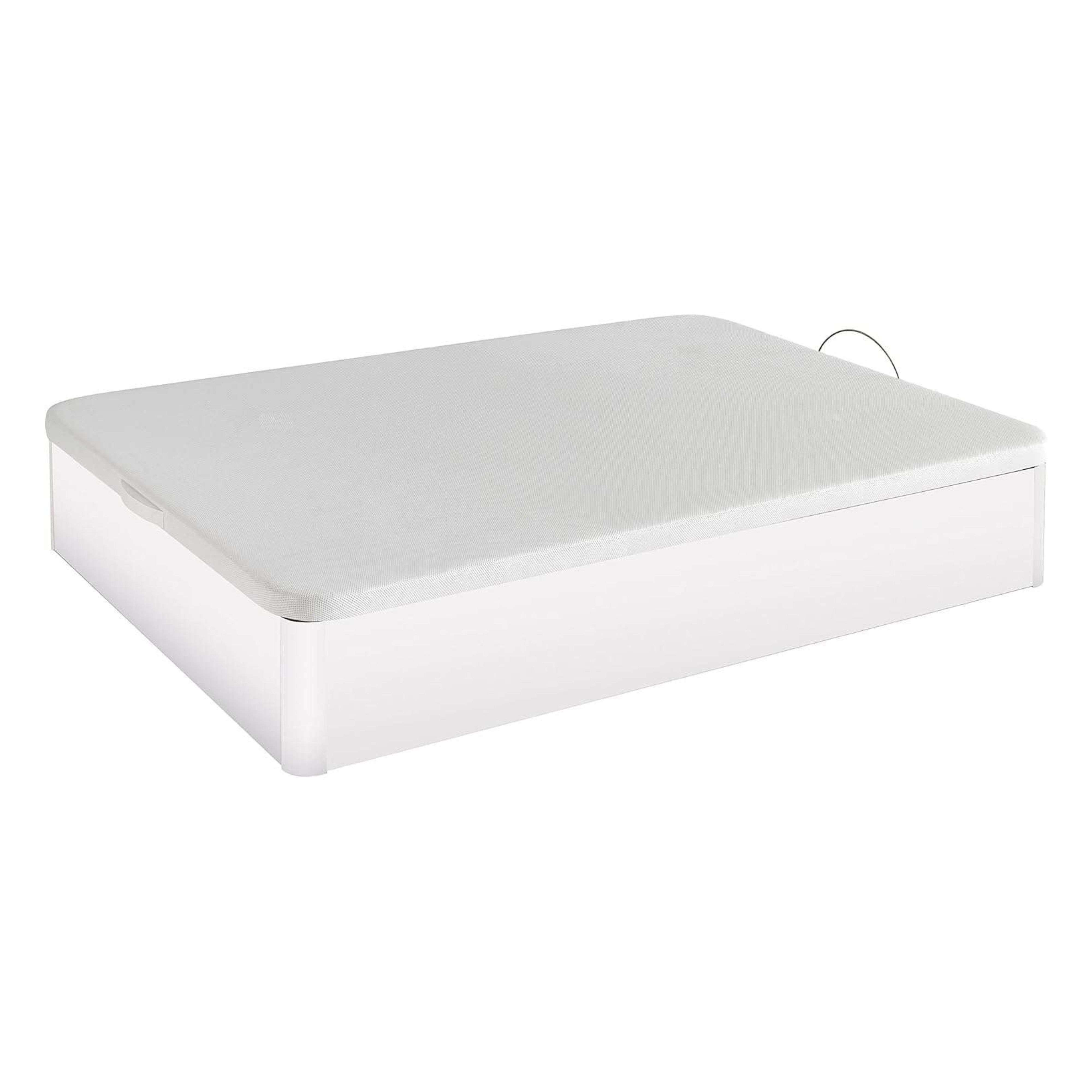 Base de cama de almacenamiento blanca con tapa, sobre fondo blanco.