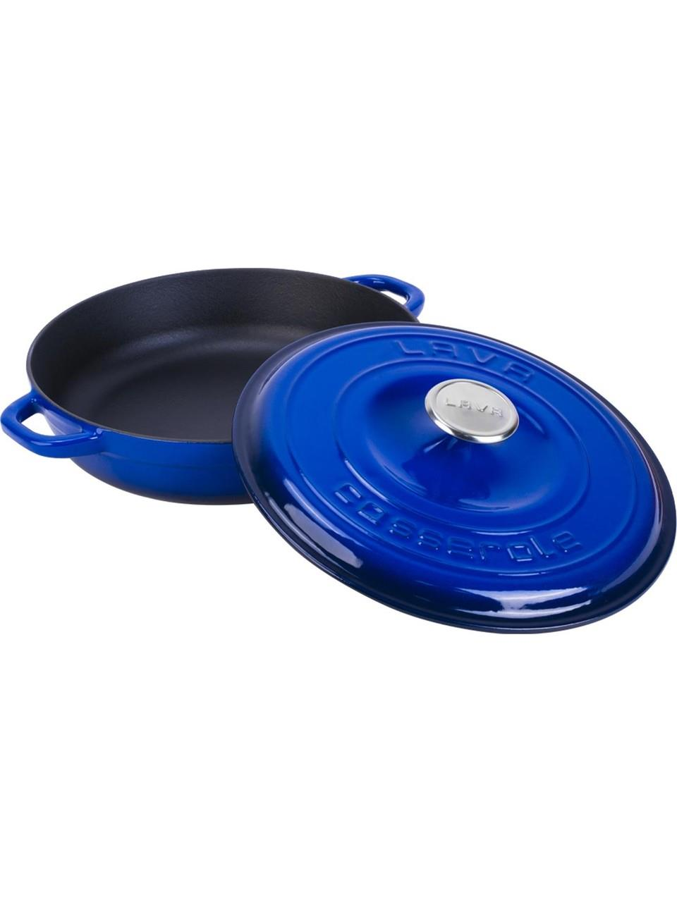 Kapağı hafif aralık mavi emaye dökme demir güveç.