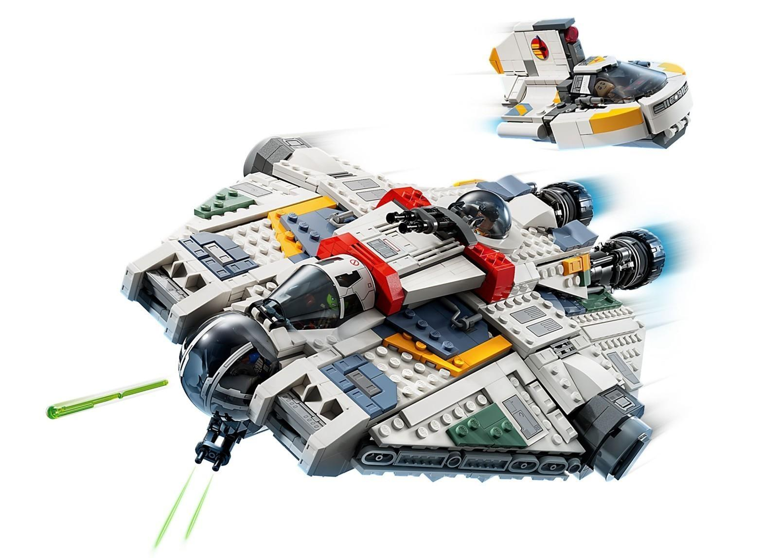 Zwei weiße Lego-Raumschiffe mit gelben und grauen Akzenten fliegen.