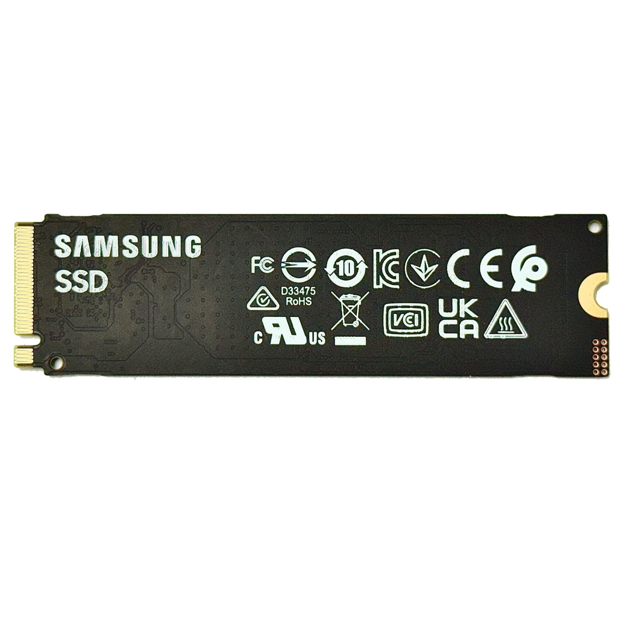 Samsung SSD, konektörler ve çeşitli sertifika logoları ile siyah arka planda.