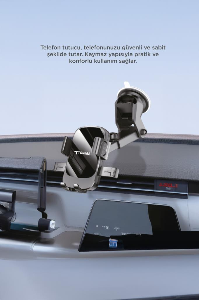 Siyah bir TORIMA telefon tutucu vantuzuyla araç gösterge paneline takılıdır.
