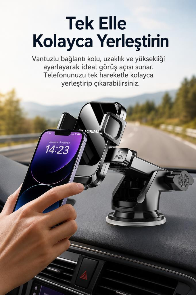 El, gösterge panelindeki siyah araç tutucusunda akıllı telefonu tutuyor. Arkada yol.