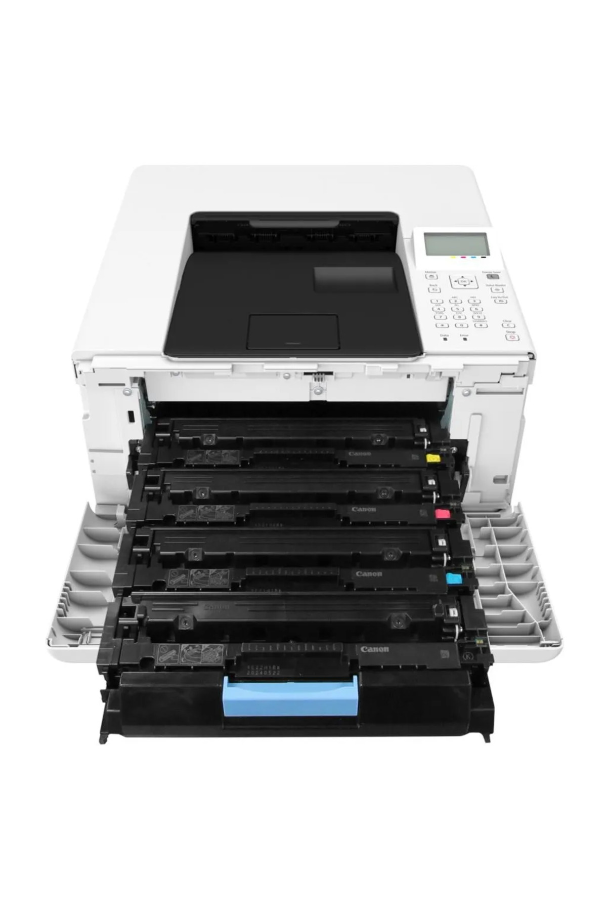 Dört kartuşu gösteren, uzatılmış toner kartuşu çekmeceleri olan beyaz bir lazer yazıcı.