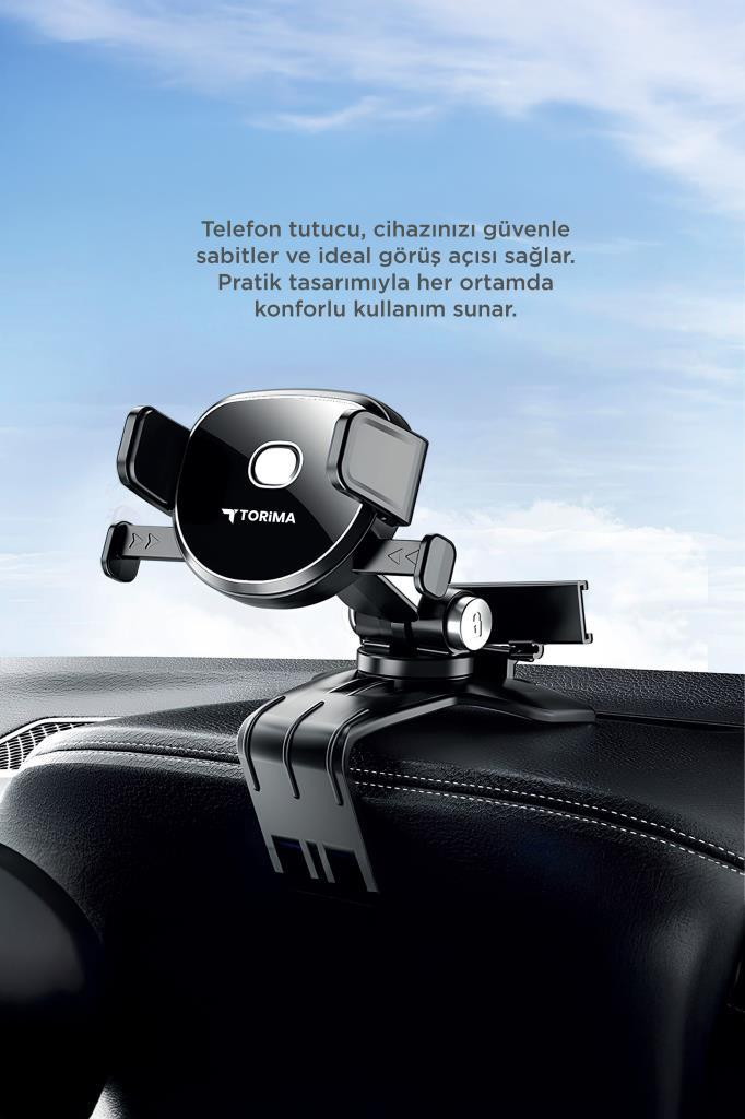 Torima logolu siyah araç telefon tutucu, bir gösterge paneline monte edilmiştir.