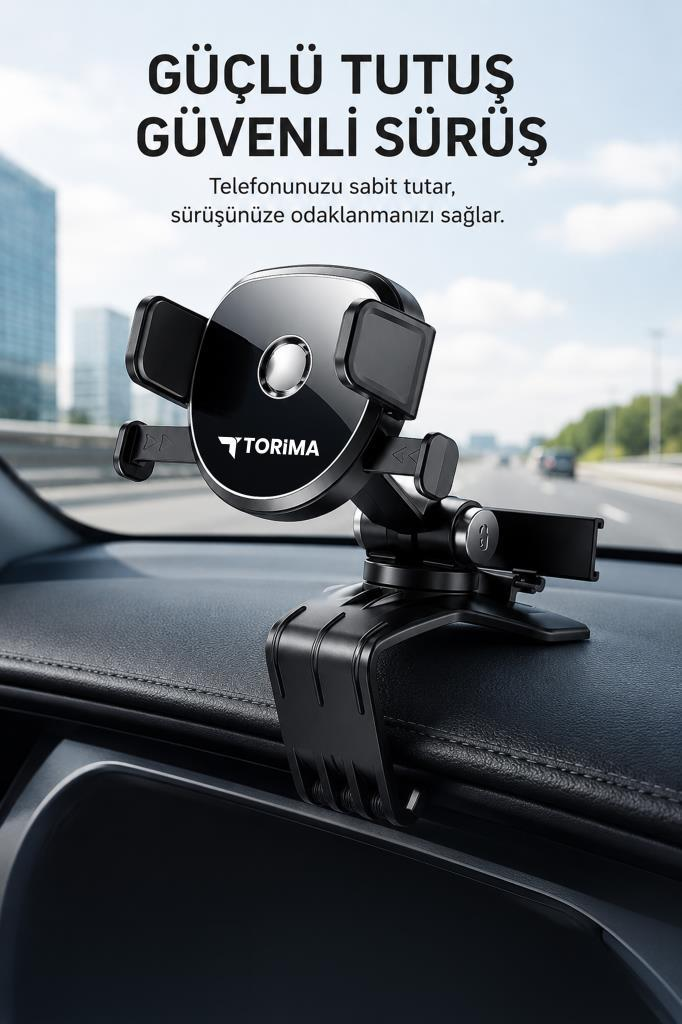 Torima logolu siyah araç telefonu tutucu, gösterge panelinde.