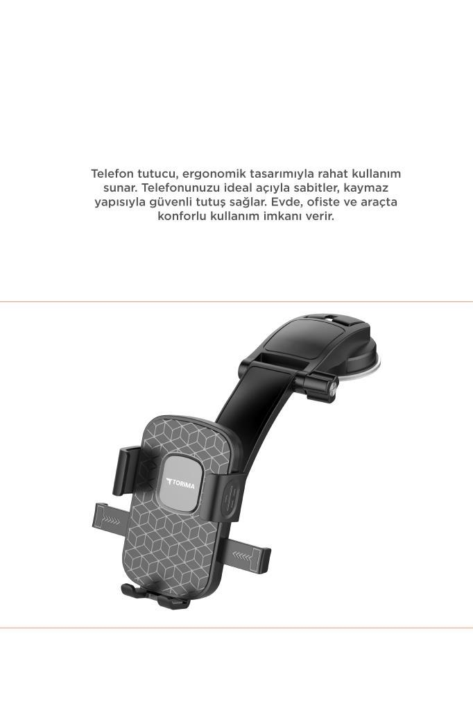 Bir ön cama takılı vantuzlu siyah telefon tutucu.