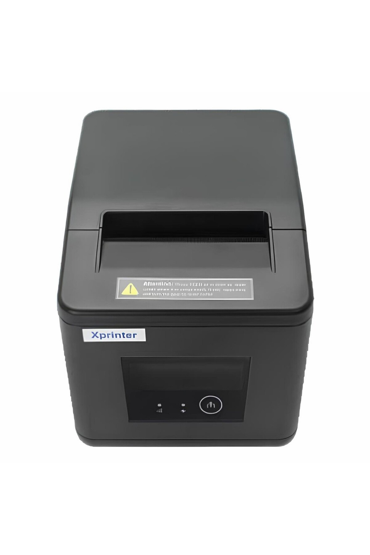 Üstte yuvası ve kontrol paneli olan siyah bir Xprinter fiş yazıcısı.