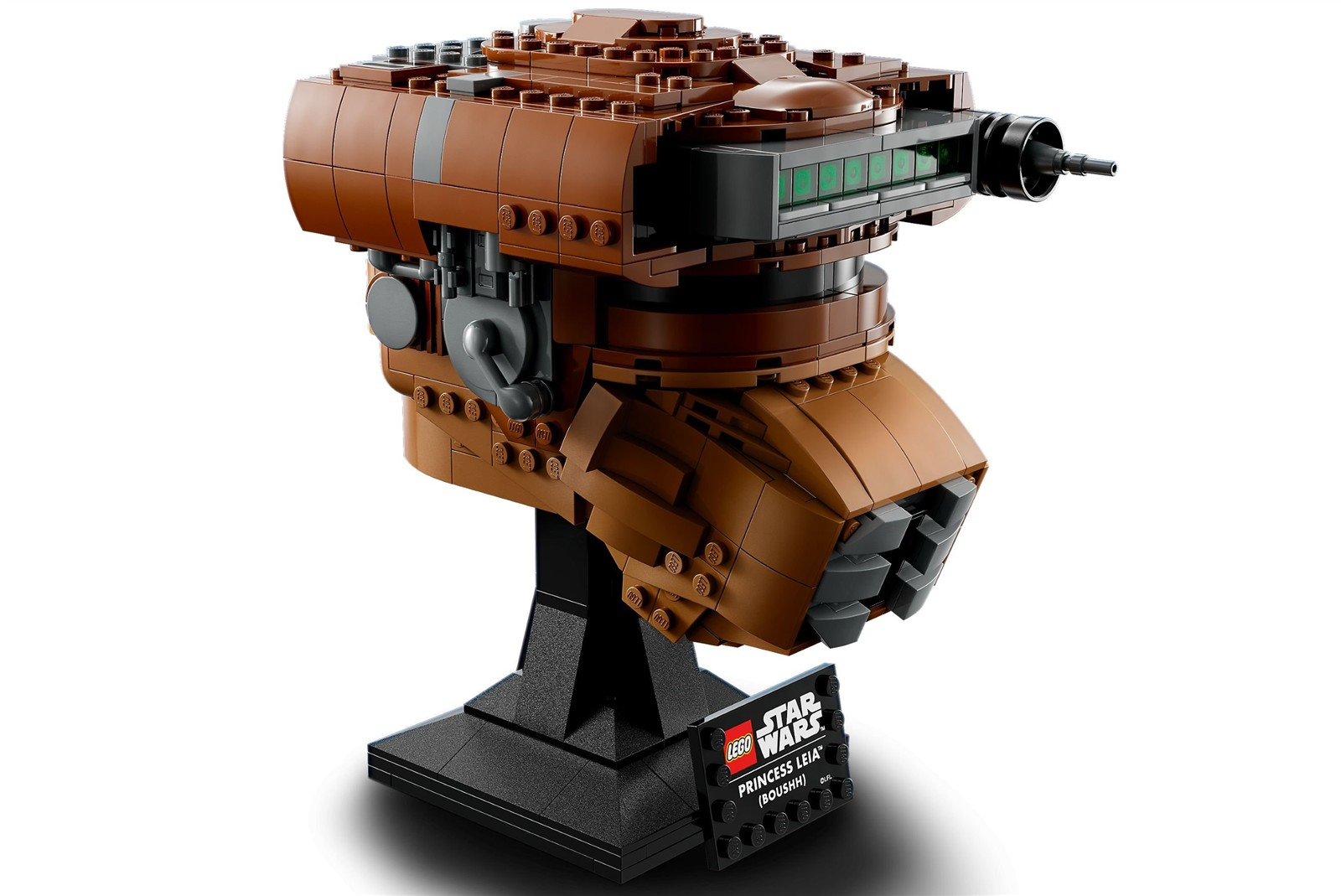 Brauner LEGO Star Wars Prinzessin Leia Boushh Helm auf schwarzem Ständer.