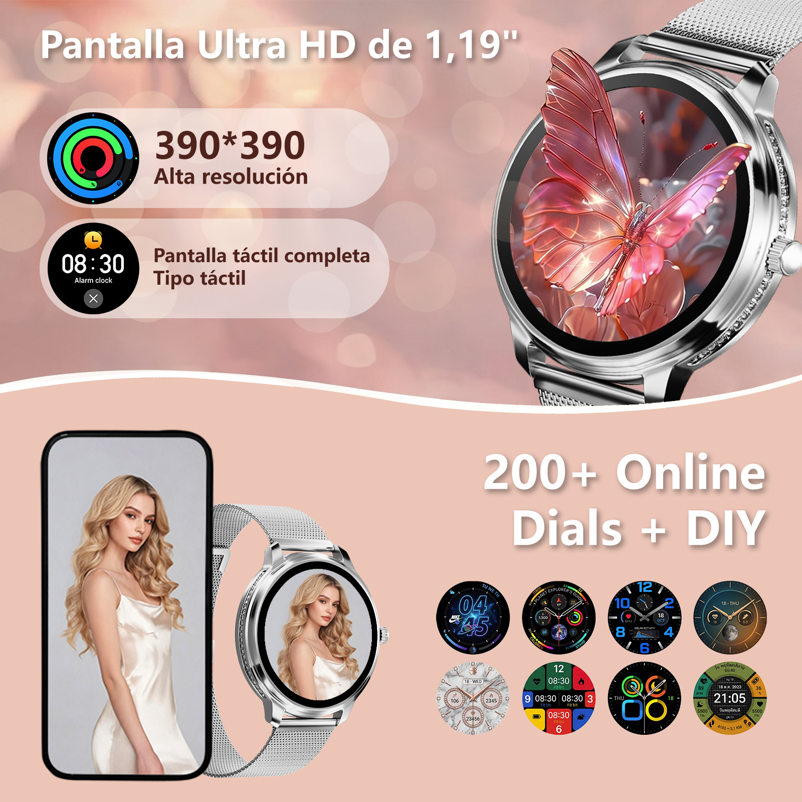 Reloj inteligente con pantalla de mariposa, mujer y selección de dial.