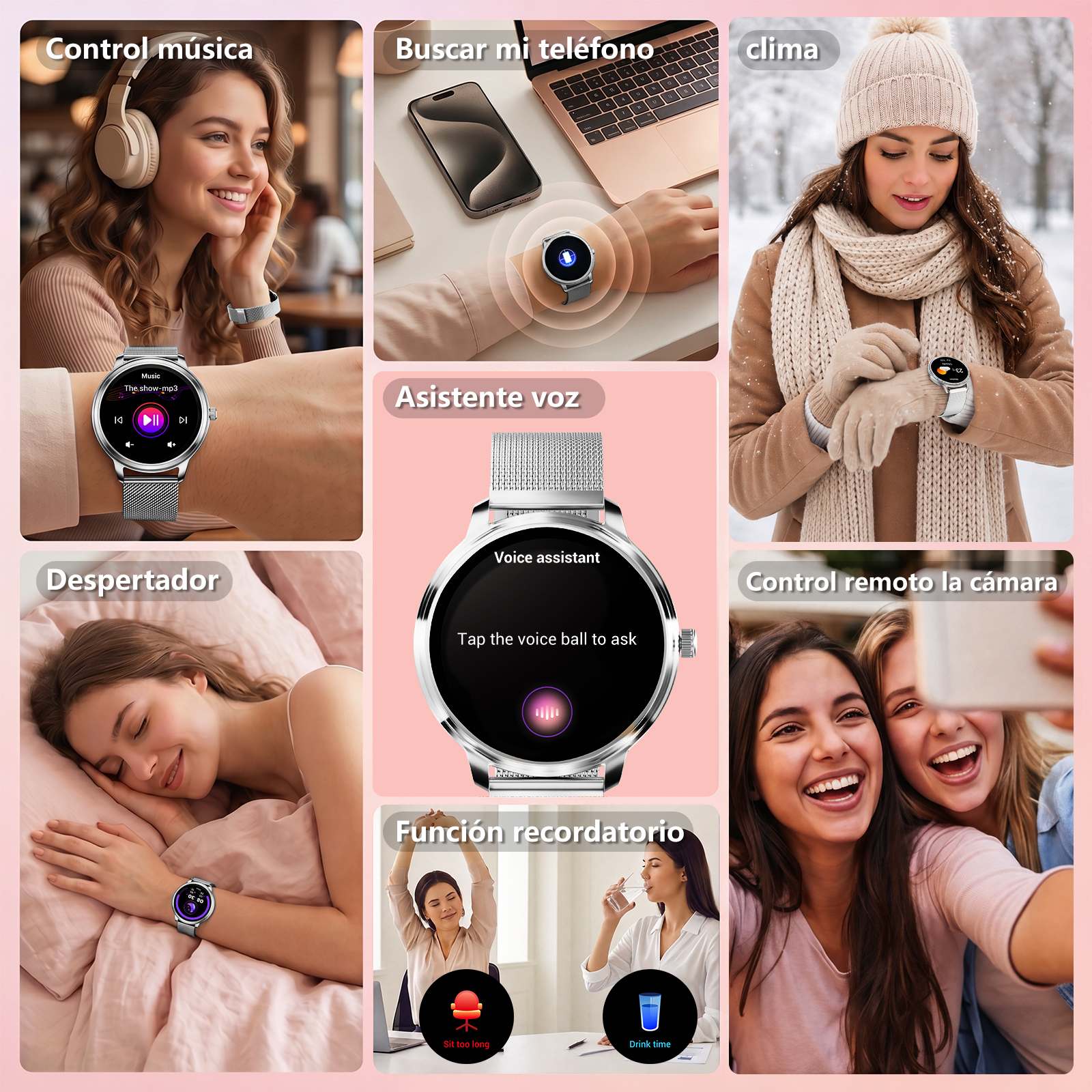 Mujer con auriculares escucha música, mujer con reloj inteligente en la nieve, asistente de voz, mujer durmiendo, dos mujeres se toman un selfie.
